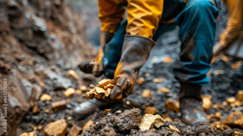 Gold miners working in a deep mine with golden nuggets in hand Gold miners working in a deep mine with golden nuggets in hand