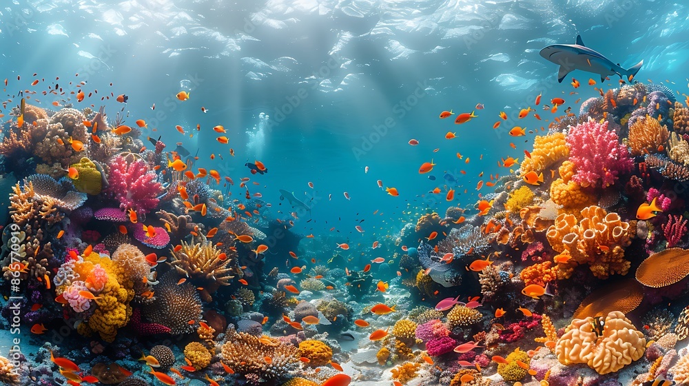 Naklejka premium Vibrant coral garden exhibiting marine biodiversity reef sharks and sea turtles 