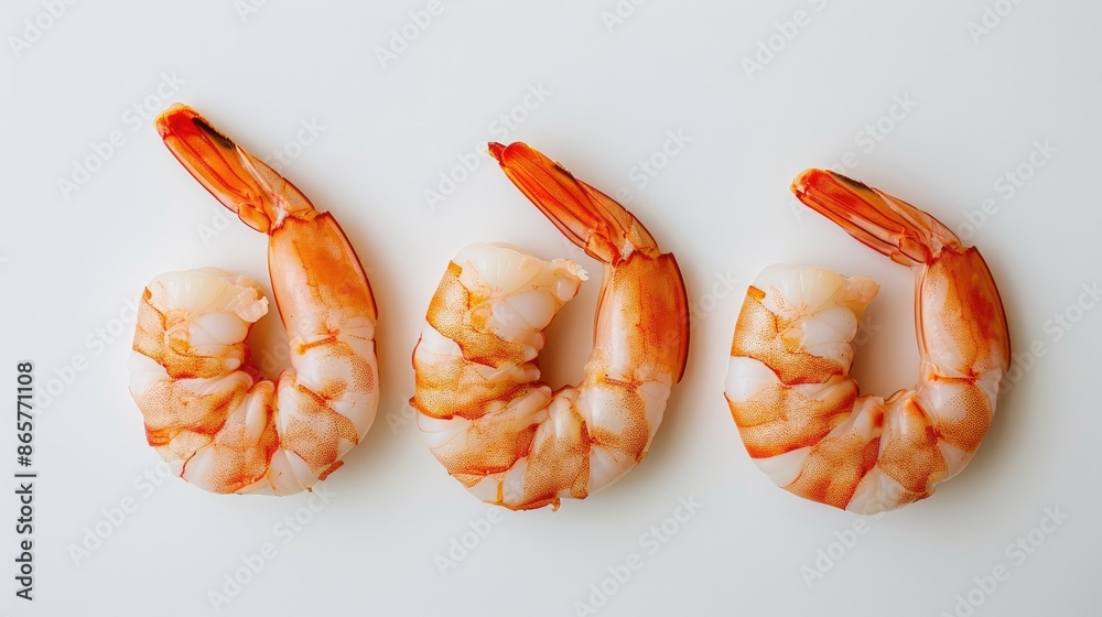 Three shrimp arranged on a white background