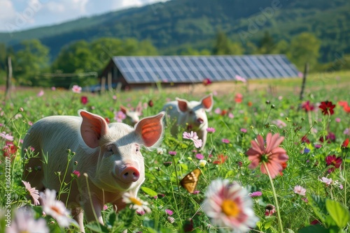 sustainable swine sanctuary freerange pigs roaming lush green pasture barn with solar panels in background vibrant wildflowers butterflies idyllic portrayal of ethical farming practices