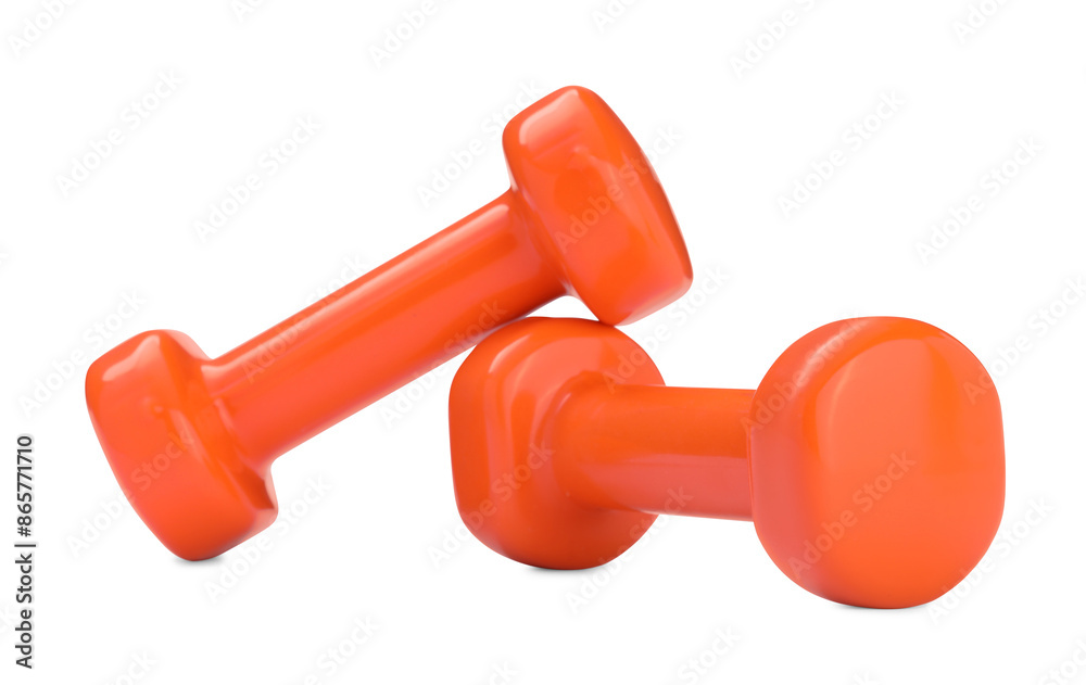 Orange dumbbells isolated on white. Sports equipment Orange dumbbells isolated on white. Sports equipment