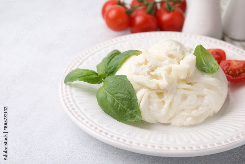 Delicious burrata cheese, tomatoes and basil on light table, closeup. Space for text Delicious burrata cheese, tomatoes and basil on light table, closeup. Space for text
