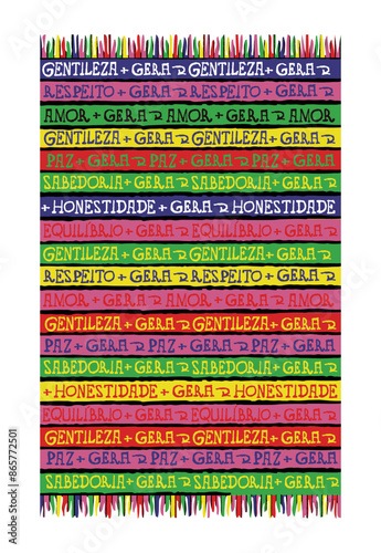 Handmade vector illustration of a beach canga with the words in Portuguese: kindness, love, respect, honesty and wisdom generate feelings similar to the others.