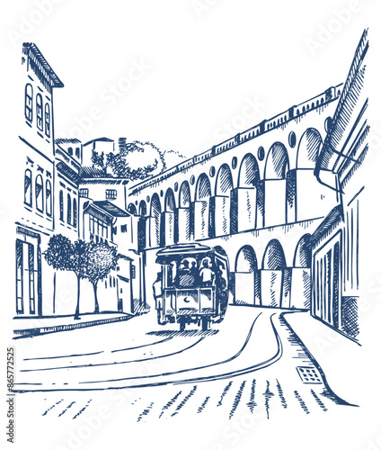 Vector illustration with free and stripped strokes of Arcos da Lapa, in the city of Rio de Janeiro, Brazil, in current times.