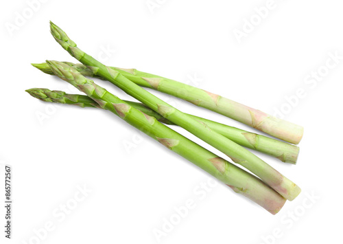 Fresh green asparagus stems isolated on white, top view