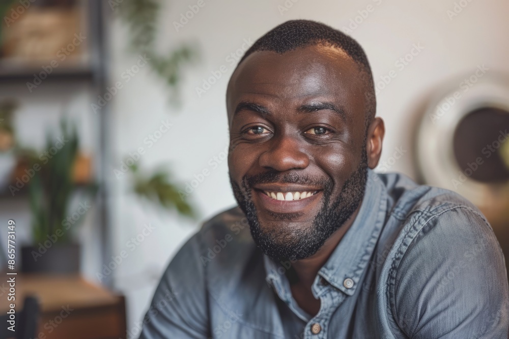 Happy african man looking at camera indoors at home Focus on his face Happy african man looking at camera indoors at home Focus on his face