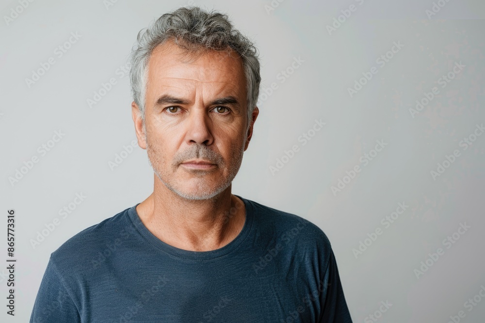 Serious middle aged man in casual attire with grey hair.