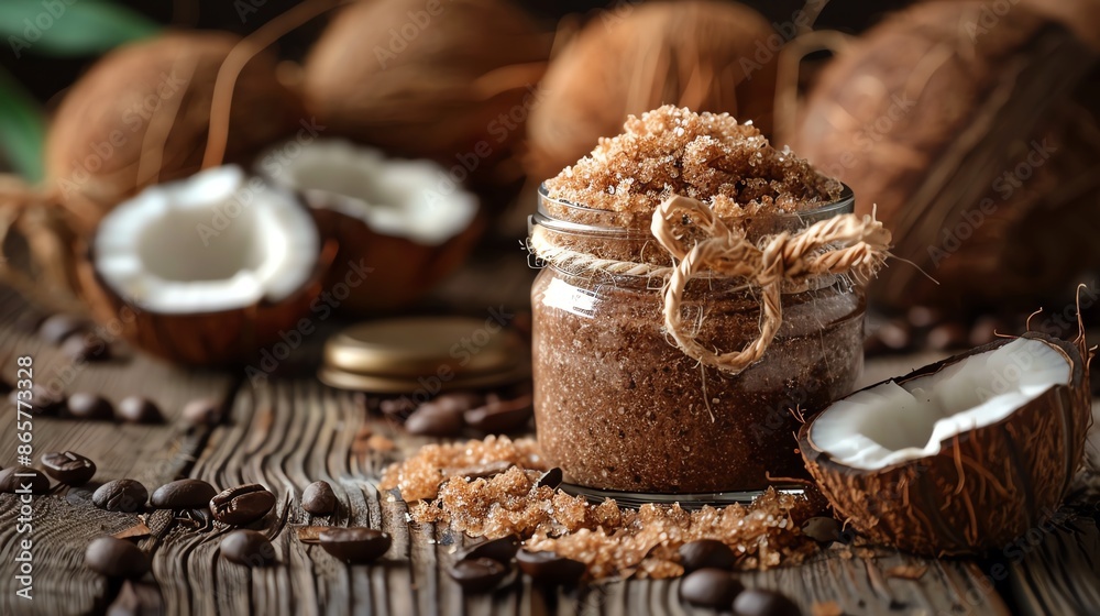 Natural body scrub in a rustic jar, with raw ingredients like coffee beans and coconut shells Natural body scrub in a rustic jar, with raw ingredients like coffee beans and coconut shells