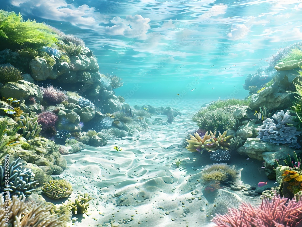 Fototapeta premium Vibrant Coral Reef Teeming with Diverse Marine Life in Clear Blue Waters