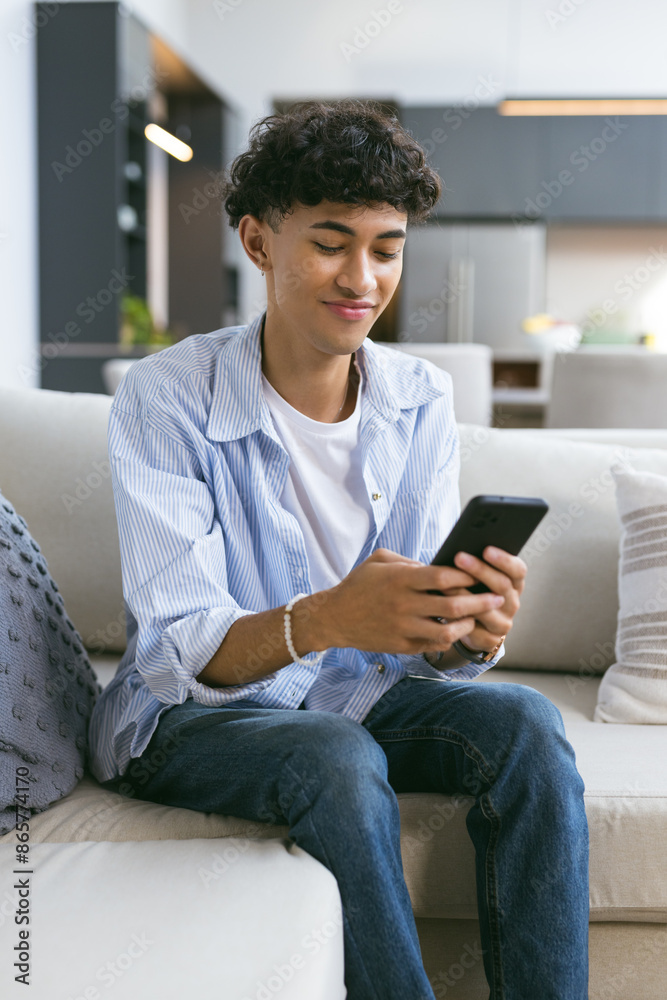 Sitting on couch, teenage boy using smartphone and smiling at home Sitting on couch, teenage boy using smartphone and smiling at home