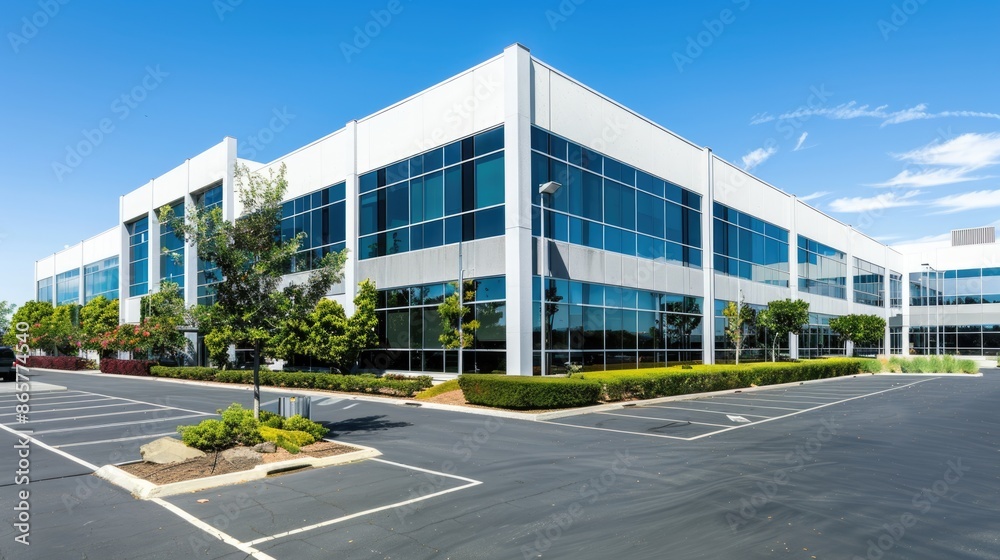 A view of a corporate office building, with a large parking lot A view of a corporate office building, with a large parking lot