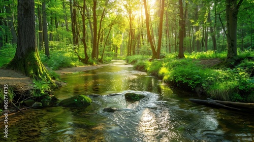 A small river flows through a lush green forest, sunbeams illuminate the water. © Nijat