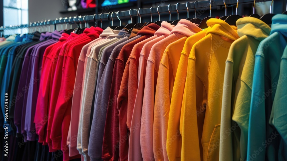 Multicolored youth sweaters and hoodies on hangers in a store clothing concept Multicolored youth sweaters and hoodies on hangers in a store clothing concept