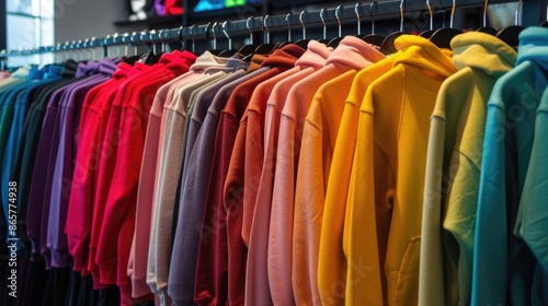 Wallpaper Mural Multicolored youth sweaters and hoodies on hangers in a store clothing concept Torontodigital.ca