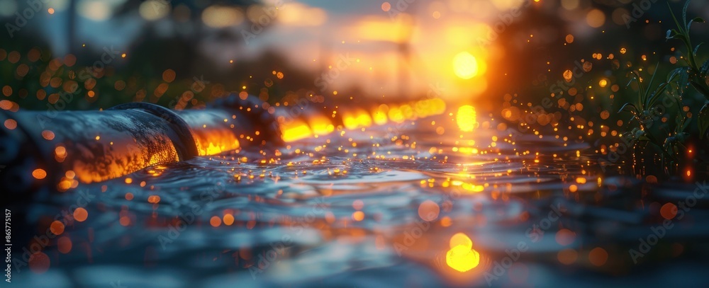 Industrial pipeline at sunset with glowing reflections on metal
