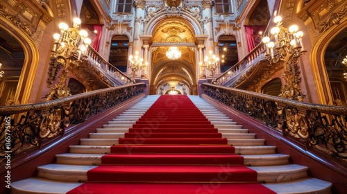 Grand opera house with ornate decorations and a red carpet entrance