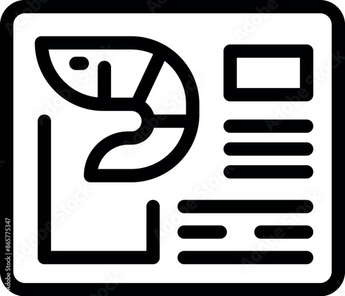 Line icon of a shrimp with text, representing information about a seafood product, its origin, and nutritional content