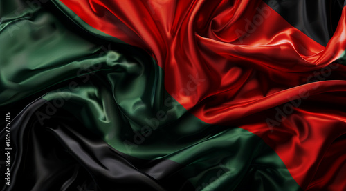 Abstract red and green flag background. Abstract wallpaper design with flowing fabric shapes. Abstract digital background of Portuguese flag colors, wavy silk fabric 