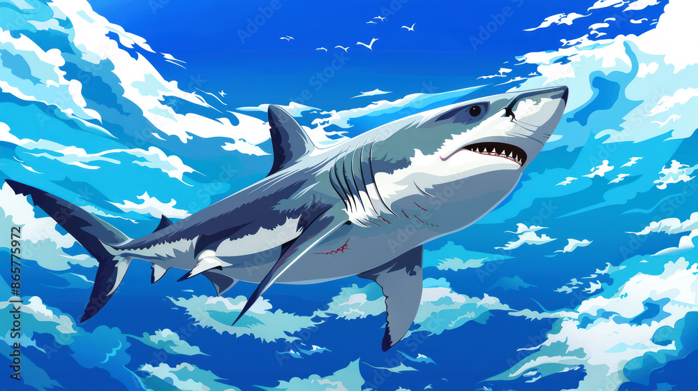 Obraz premium illustration shark swimming in the sky on background nebula