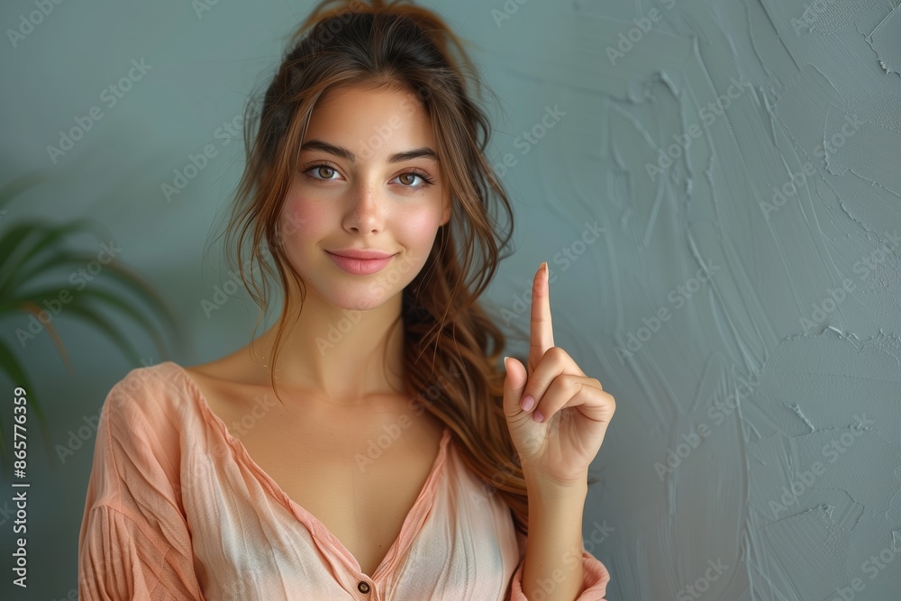 Elegant woman pointing at blank phone screen in mockup image Elegant woman pointing at blank phone screen in mockup image