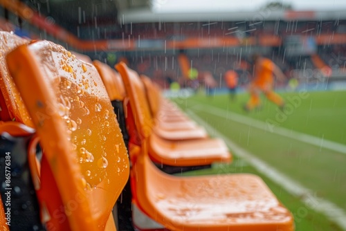 The chairs are wet from the rain at a football championship or cup in Europe photo