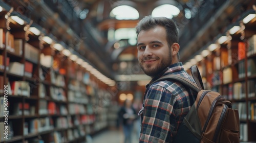 Handsome Smile student man with backpack and books in library, education, university, cheerful, college, happy, standing, school, backpack, attractive, enjoyment, confidence