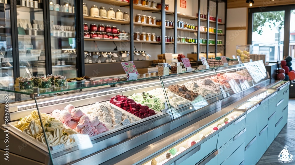 Fototapeta premium Gourmet gelato display with an array of flavors in a modern shop
