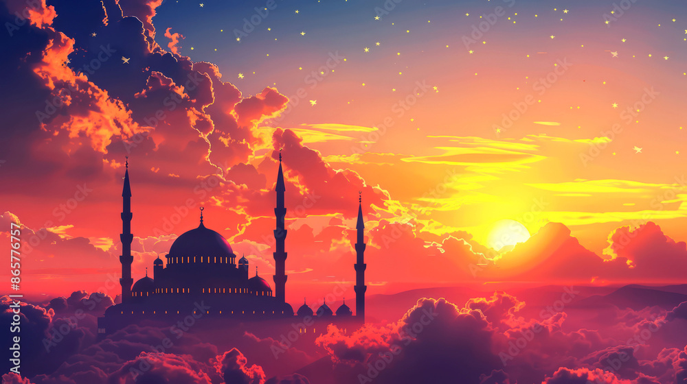 Fototapeta premium illustration mosque on the cloud in the blue sky