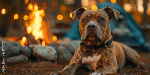 A Relaxing Brown Pit Bull Dog by a Campfire