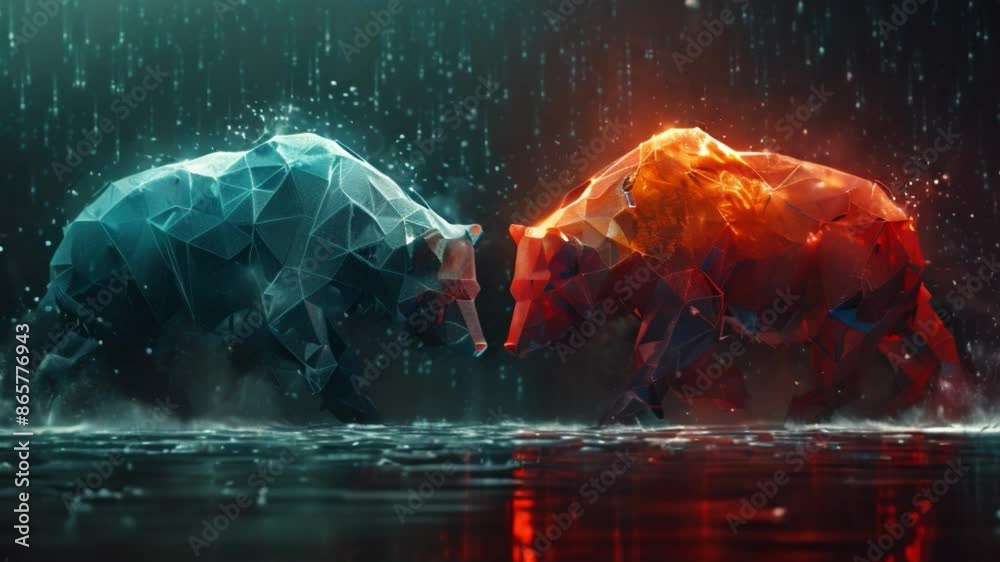 This blue bull and a red bear face off in a digital rainstorm.