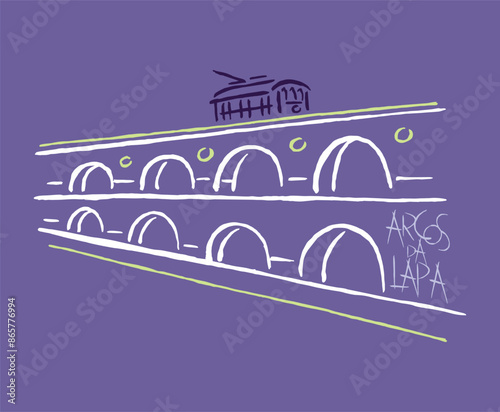 Handmade vector illustration of the Arcos da Lapa, Santa Teresa, Rio de Janeiro, Brazil. Stylized art representing current times. Design for printing on t-shirts, decoration and etc.