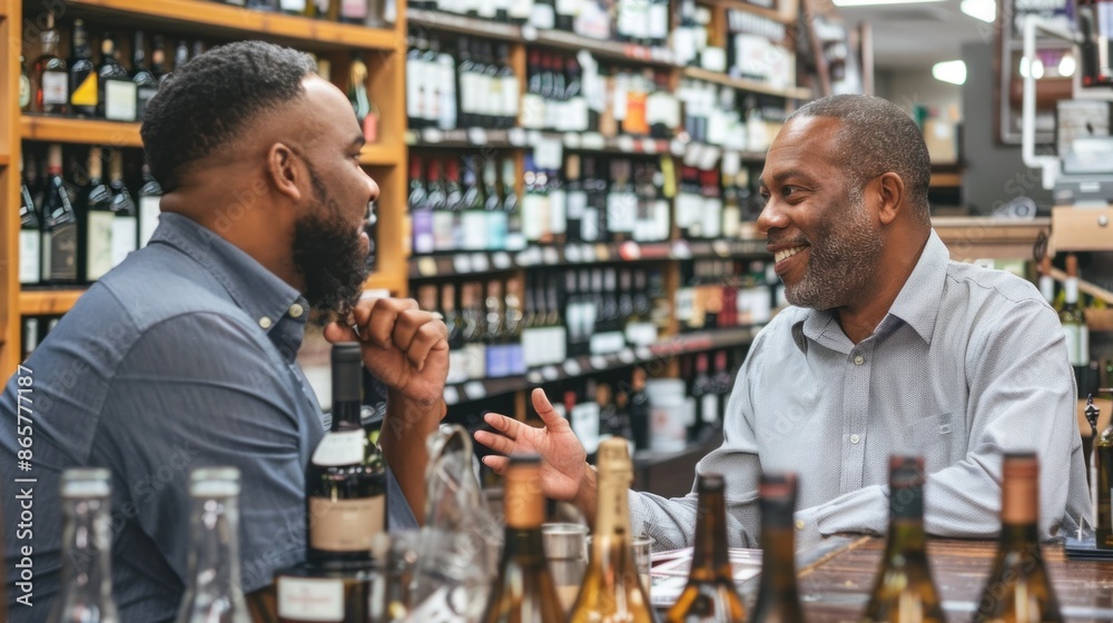 Two African American men engaging in a lively conversation in a wine shop with shelves full of bottles in the background. Two African American men engaging in a lively conversation in a wine shop with shelves full of bottles in the background.