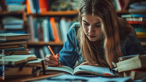 Semi-close up of a teenager studying, books and stationery around, copy space for text, sharp focus and clear light, high clarity no grunge, splash, dust, noise