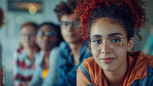 Group of multiethinic people in an office environment Defocussed backdrop realistic f18 Clear facial features 35mm F22 Cinematic Wideangle lens © Premium Graphics