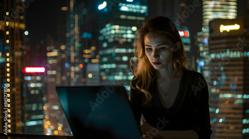 businesswoman hand working with laptop computer, on night city background