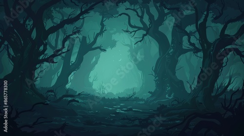 A mysterious and eerie forest path, shrouded in fog and darkness.  The gnarled trees create an ominous atmosphere. photo