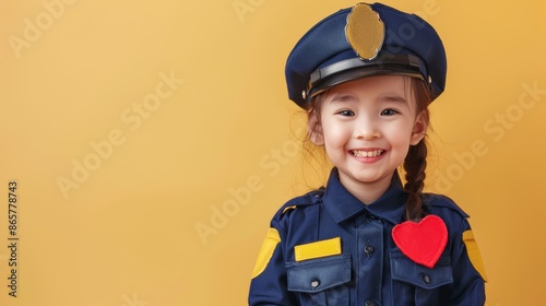 A young girl dressed as a police officer smiles for the camera, showcasing a playful and innocent take on law enforcement.
