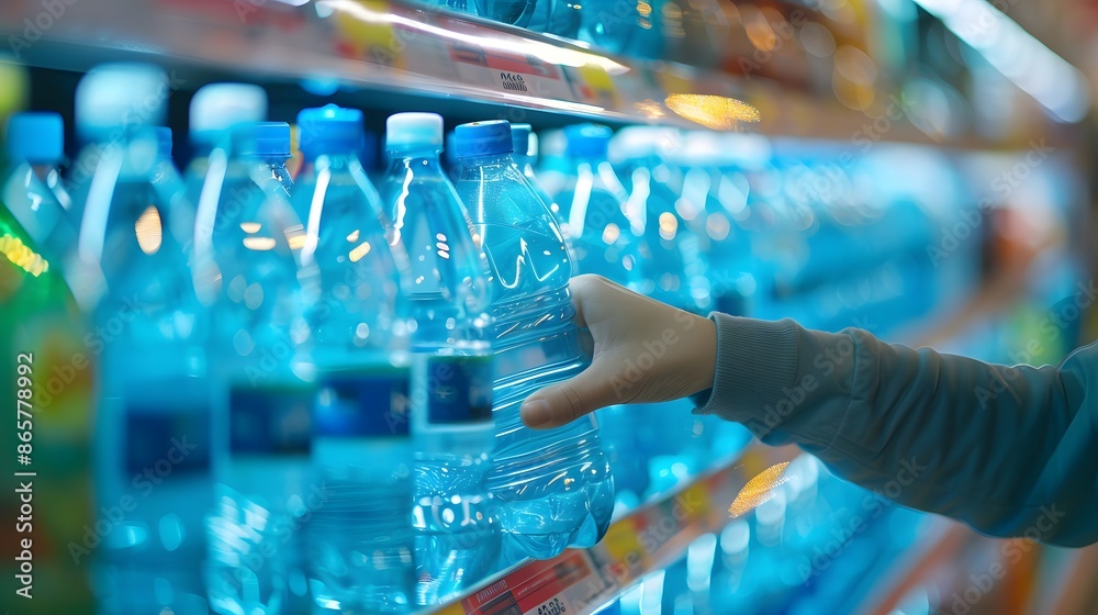 A hand is taking drinking water from shelf with a big copy space and clean portrait, Generative AI. A hand is taking drinking water from shelf with a big copy space and clean portrait, Generative AI.