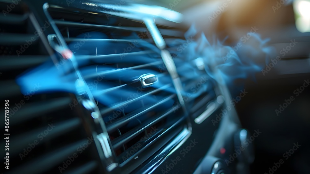 Close up of car air vent releasing refreshing cool blue air stream in a detailed view Close up of car air vent releasing refreshing cool blue air stream in a detailed view