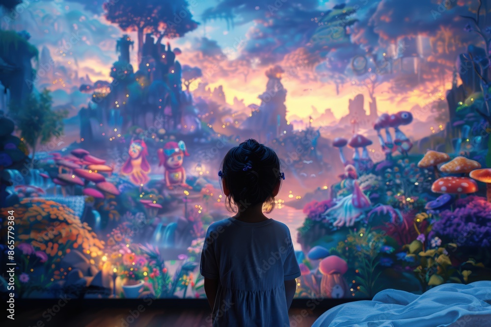 A child gazes at a vivid and colorful fantasy world, evoking a sense of wonder and imagination. Whimsical landscapes and dreamlike elements abound. A child gazes at a vivid and colorful fantasy world, evoking a sense of wonder and imagination. Whimsical landscapes and dreamlike elements abound.