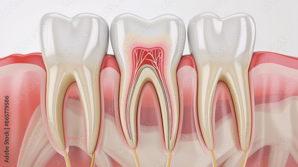 Cross-section of three teeth showing the enamel, dentin, and pulp. Cross-section of three teeth showing the enamel, dentin, and pulp.