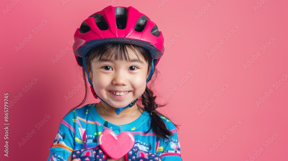 A young girl with a pink helmet smiles cheerfully while holding a heart-shaped object.