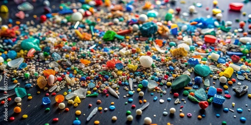 Colorful microplastics scattered across a dark background, varying shapes and sizes, representing the devastating impact of environmental pollution and plastic waste on our ecosystem. photo