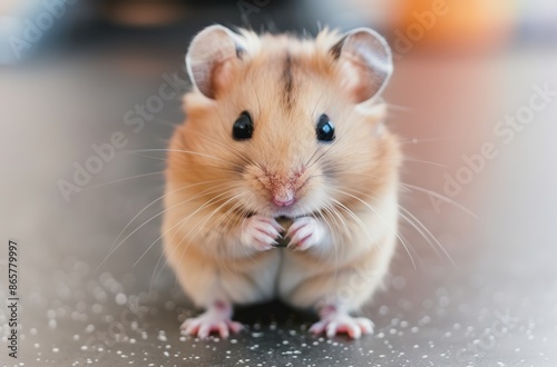 A close-up photo of an adorable brown hamster with black eyes, sitting on a smooth surface. Perfect for pet enthusiasts and animal lovers.