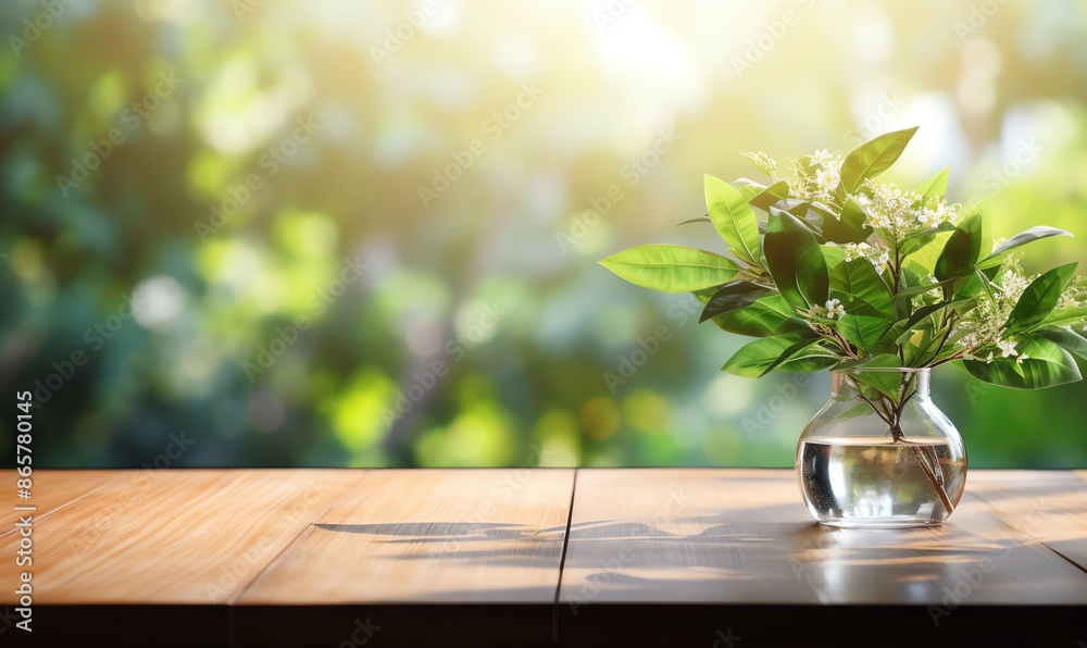 Flowers in a Vase on a Wooden Table with a Sunny Blurred Background