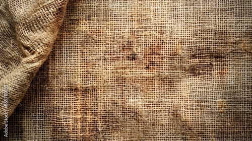 Rustic brown burlap fabric with folded edge, showing texture and worn spots. Great for backgrounds. photo