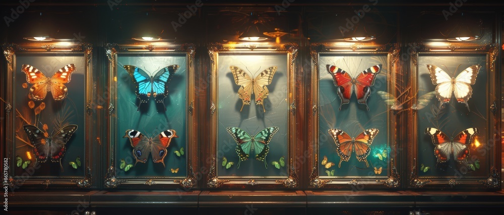 A collection of colorful butterflies framed and illuminated on a wall, showcasing the beauty of their diverse patterns and vibrant colors. A collection of colorful butterflies framed and illuminated on a wall, showcasing the beauty of their diverse patterns and vibrant colors.