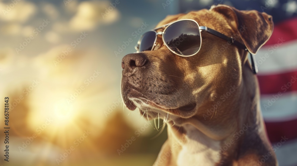 A dog wearing sunglasses and standing in front of an American flag, 4th July Independence Day USA concept A dog wearing sunglasses and standing in front of an American flag, 4th July Independence Day USA concept
