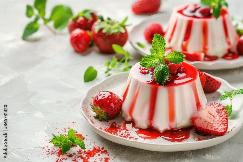 Italian dessert Panna Cotta with jelly strawberries and mint. Long banner format. Italian dessert Panna Cotta with jelly strawberries and mint. Long banner format.