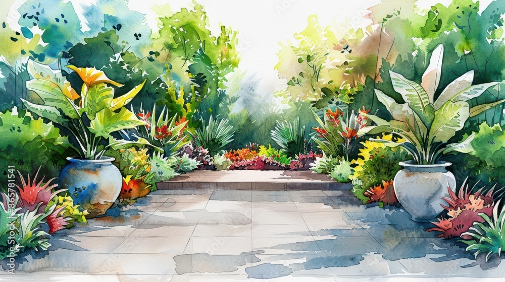 Fototapeta premium Garden plan with watercolor sketches of plant arrangements, garden design, horticulture